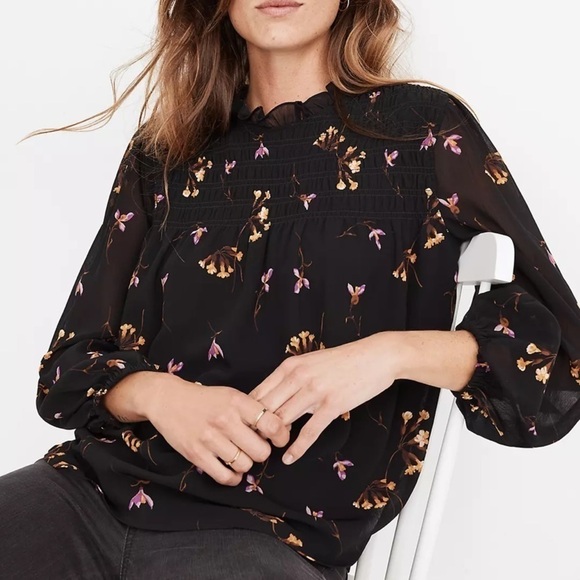 Madewell Georgette Ruffle-Collar Smocked Top in Falling Freesias NWT size XXS - Picture 1 of 8